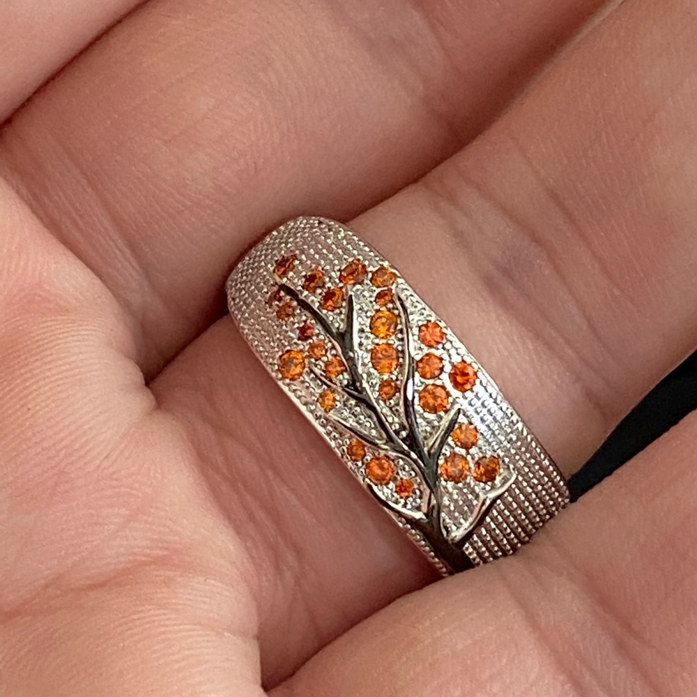 New 925 Silver Beautiful Tree Orange Crystal Ring